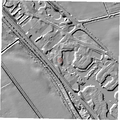 Shaded relief map of the ground around LN12ZL, computed from Environment Agency LiDAR. The ground here sits at about 6 m above sea level and falls 7 m across the surrounding 800 m. The ground contributing surface water to this point lies to the north-west.