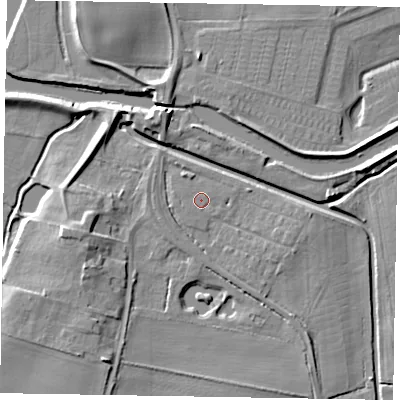 Shaded relief map of the ground around LN12ZT, computed from Environment Agency LiDAR. The ground here sits at about 5 m above sea level and falls 8 m across the surrounding 800 m. Surface water reaching this point runs off ground lying to the west, 0.5 m higher.