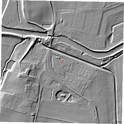 Shaded relief map of the ground around LN12ZU, computed from Environment Agency LiDAR. The ground here sits at about 5 m above sea level and falls 8 m across the surrounding 800 m. Surface water reaching this point runs off ground lying to the south-west, 1.9 m higher.