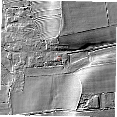 Shaded relief map of the ground around LN12ZZ, computed from Environment Agency LiDAR. The ground here sits at about 7 m above sea level and falls 11 m across the surrounding 800 m. Surface water reaching this point runs off ground lying to the east-south-east, 1.3 m higher.