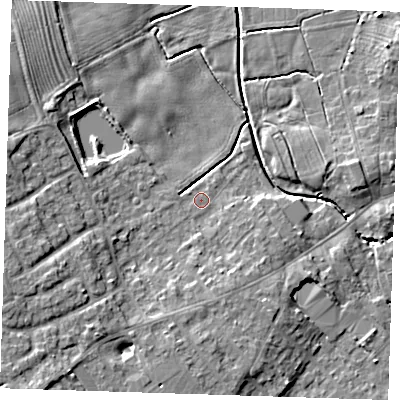 Shaded relief map of the ground around LN130AB, computed from Environment Agency LiDAR. The ground here sits at about 6 m above sea level and falls 8 m across the surrounding 800 m. Surface water reaching this point runs off ground lying to the south-west, 5.3 m higher.