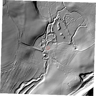 Shaded relief map of the ground around LN130BP, computed from Environment Agency LiDAR. The ground here sits at about 14 m above sea level and falls 23 m across the surrounding 800 m. Surface water reaching this point runs off ground lying to the south-east, 1.5 m higher.