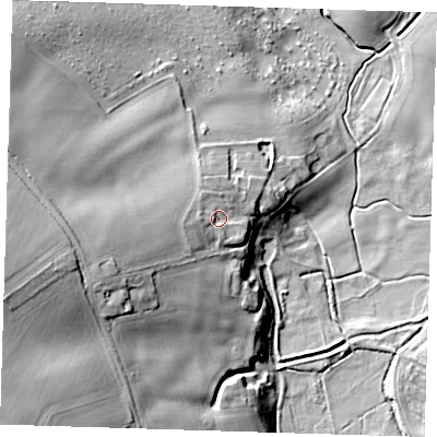 Shaded relief map of the ground around LN130BW, computed from Environment Agency LiDAR. The ground here sits at about 26 m above sea level and falls 37 m across the surrounding 800 m. Surface water reaching this point runs off ground lying to the west, 3.7 m higher.