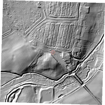 Shaded relief map of the ground around LN130DU, computed from Environment Agency LiDAR. The ground here sits at about 16 m above sea level and falls 13 m across the surrounding 800 m. Surface water reaching this point runs off ground lying to the south-south-west, 4.4 m higher.