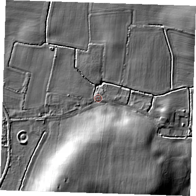 Shaded relief map of the ground around LN130HX, computed from Environment Agency LiDAR. The ground here sits at about 8 m above sea level and falls 12 m across the surrounding 800 m. Surface water reaching this point runs off ground lying to the south, 8.1 m higher.