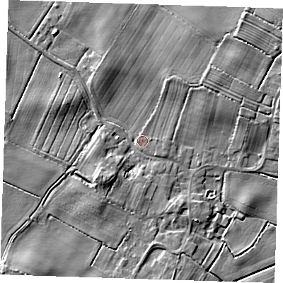 Shaded relief map of the ground around LN130JN, computed from Environment Agency LiDAR. The ground here sits at about 4 m above sea level and falls 10 m across the surrounding 800 m. Surface water reaching this point runs off ground lying to the north-west, 6.0 m higher.