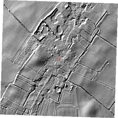 Shaded relief map of the ground around LN130JP, computed from Environment Agency LiDAR. The ground here sits at about 6 m above sea level and falls 8 m across the surrounding 800 m. Surface water reaching this point runs off ground lying to the west, 3.2 m higher.