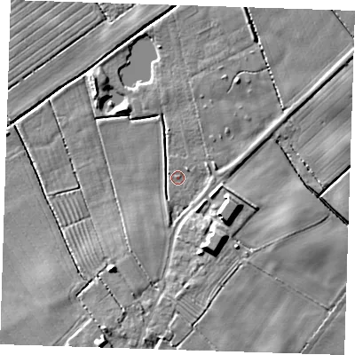 Shaded relief map of the ground around LN130JS, computed from Environment Agency LiDAR. The ground here sits at about 2 m above sea level and falls 9 m across the surrounding 800 m. Surface water reaching this point runs off ground lying to the south-east, 7.4 m higher.