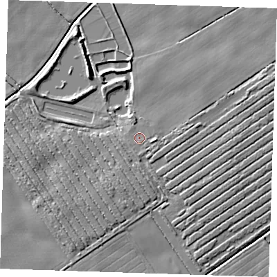 Shaded relief map of the ground around LN130LS, computed from Environment Agency LiDAR. The ground here sits at about 4 m above sea level and falls 6 m across the surrounding 800 m. Surface water reaching this point runs off ground lying to the east, 2.4 m higher.