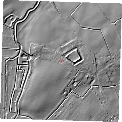 Shaded relief map of the ground around LN130NG, computed from Environment Agency LiDAR. The ground here sits at about 9 m above sea level and falls 10 m across the surrounding 800 m. Surface water reaching this point runs off ground lying to the east-south-east, 1.6 m higher.