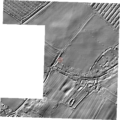 Shaded relief map of the ground around LN130NT, computed from Environment Agency LiDAR. The ground here sits at about 4 m above sea level and falls 5 m across the surrounding 800 m. Surface water reaching this point runs off ground lying to the north-north-west, 1.5 m higher.