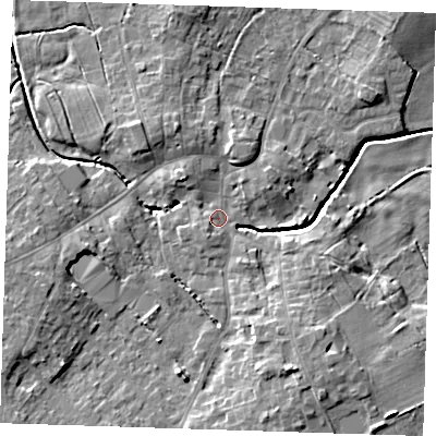 Shaded relief map of the ground around LN139AE, computed from Environment Agency LiDAR. The ground here sits at about 6 m above sea level and falls 9 m across the surrounding 800 m. Surface water reaching this point runs off ground lying to the south-south-west, 2.1 m higher.