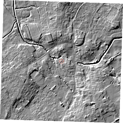 Shaded relief map of the ground around LN139AL, computed from Environment Agency LiDAR. The ground here sits at about 7 m above sea level and falls 9 m across the surrounding 800 m. Surface water reaching this point runs off ground lying to the east-south-east, 1.0 m higher.