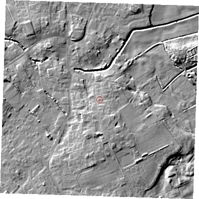 Shaded relief map of the ground around LN139BN, computed from Environment Agency LiDAR. The ground here sits at about 8 m above sea level and falls 9 m across the surrounding 800 m. Surface water reaching this point runs off ground lying to the south, 2.6 m higher.