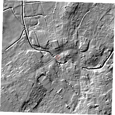 Shaded relief map of the ground around LN139DG, computed from Environment Agency LiDAR. The ground here sits at about 6 m above sea level and falls 9 m across the surrounding 800 m. Surface water reaching this point runs off ground lying to the south-west, 5.8 m higher.