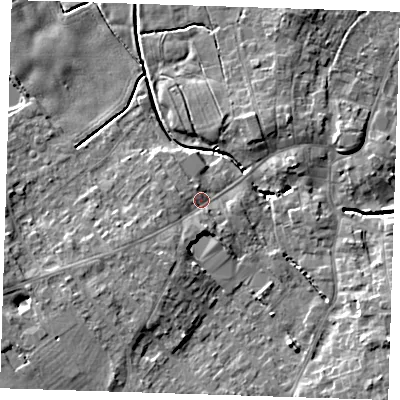 Shaded relief map of the ground around LN139DJ, computed from Environment Agency LiDAR. The ground here sits at about 7 m above sea level and falls 8 m across the surrounding 800 m. Surface water reaching this point runs off ground lying to the south-west, 2.7 m higher.