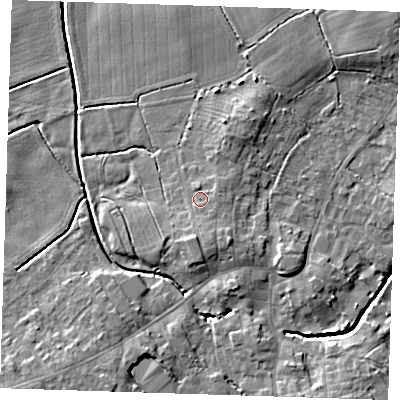 Shaded relief map of the ground around LN139DN, computed from Environment Agency LiDAR. The ground here sits at about 7 m above sea level and falls 8 m across the surrounding 800 m. Surface water reaching this point runs off ground lying to the south-south-east, 1.8 m higher.