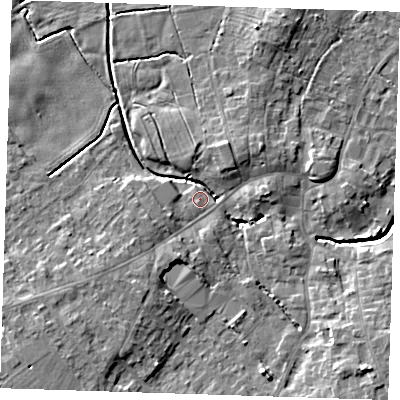 Shaded relief map of the ground around LN139DU, computed from Environment Agency LiDAR. The ground here sits at about 6 m above sea level and falls 9 m across the surrounding 800 m. Surface water reaching this point runs off ground lying to the south-west, 5.2 m higher.