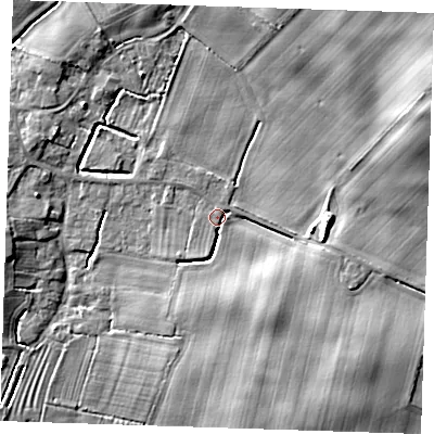 Shaded relief map of the ground around LN139JJ, computed from Environment Agency LiDAR. The ground here sits at about 6 m above sea level and falls 8 m across the surrounding 800 m. Surface water reaching this point runs off ground lying to the south-south-east, 5.7 m higher.