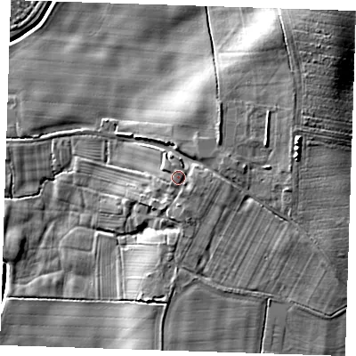 Shaded relief map of the ground around LN139JL, computed from Environment Agency LiDAR. The ground here sits at about 9 m above sea level and falls 12 m across the surrounding 800 m. Surface water reaching this point runs off ground lying to the east, 1.1 m higher.