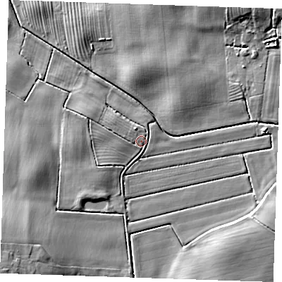 Shaded relief map of the ground around LN139JU, computed from Environment Agency LiDAR. The ground here sits at about 3 m above sea level and falls 9 m across the surrounding 800 m. Surface water reaching this point runs off ground lying to the west, 3.5 m higher.