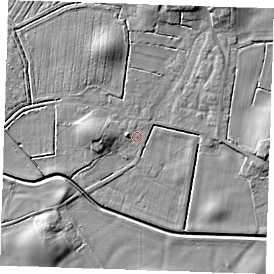 Shaded relief map of the ground around LN139LA, computed from Environment Agency LiDAR. The ground here sits at about 3 m above sea level and falls 7 m across the surrounding 800 m. Surface water reaching this point runs off ground lying to the west, 2.1 m higher.