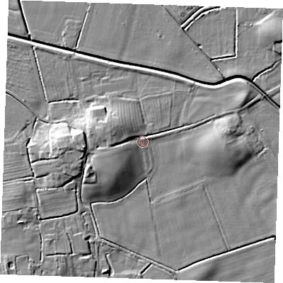 Shaded relief map of the ground around LN139LB, computed from Environment Agency LiDAR. The ground here sits at about 3 m above sea level and falls 10 m across the surrounding 800 m. Surface water reaching this point runs off ground lying to the west, 5.8 m higher.