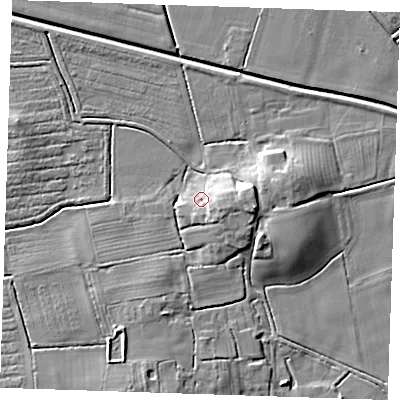 Shaded relief map of the ground around LN139LD, computed from Environment Agency LiDAR. The ground here sits at about 5 m above sea level and falls 10 m across the surrounding 800 m. Surface water reaching this point runs off ground lying to the east-south-east, 4.3 m higher.