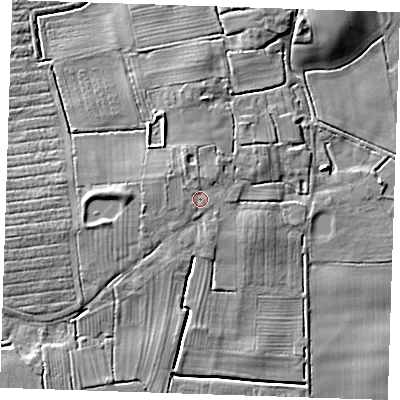 Shaded relief map of the ground around LN139LF, computed from Environment Agency LiDAR. The ground here sits at about 6 m above sea level and falls 7 m across the surrounding 800 m. Surface water reaching this point runs off ground lying to the north-north-west, 1.2 m higher.