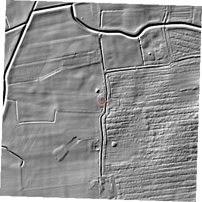Shaded relief map of the ground around LN139LG, computed from Environment Agency LiDAR. The ground here sits at about 3 m above sea level and falls 5 m across the surrounding 800 m. Surface water reaching this point runs off ground lying to the east-south-east, 3.4 m higher.