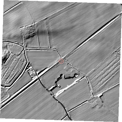 Shaded relief map of the ground around LN139PQ, computed from Environment Agency LiDAR. The ground here sits at about 5 m above sea level and falls 9 m across the surrounding 800 m. Surface water reaching this point runs off ground lying to the west-south-west, 0.7 m higher.