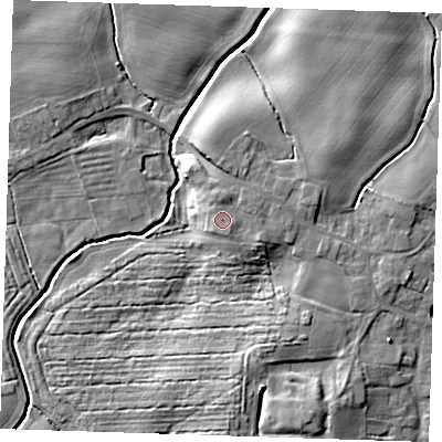 Shaded relief map of the ground around LN139PY, computed from Environment Agency LiDAR. The ground here sits at about 8 m above sea level and falls 11 m across the surrounding 800 m. Surface water reaching this point runs off ground lying to the south-east, 0.9 m higher.