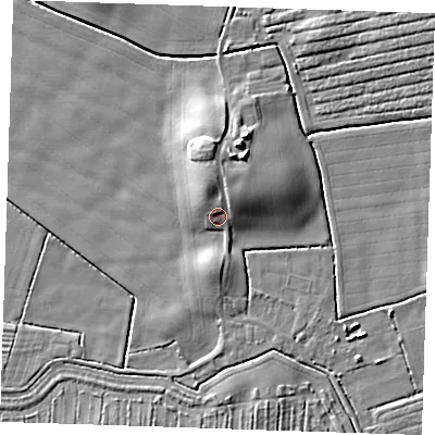 Shaded relief map of the ground around LN139QL, computed from Environment Agency LiDAR. The ground here sits at about 4 m above sea level and falls 10 m across the surrounding 800 m. Surface water reaching this point runs off ground lying to the north, 3.9 m higher.
