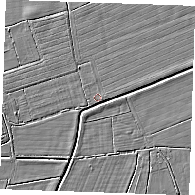 Shaded relief map of the ground around LN139QP, computed from Environment Agency LiDAR. The ground here sits at about 2 m above sea level and falls 3 m across the surrounding 800 m. Surface water reaching this point runs off ground lying to the east-south-east, 0.9 m higher.
