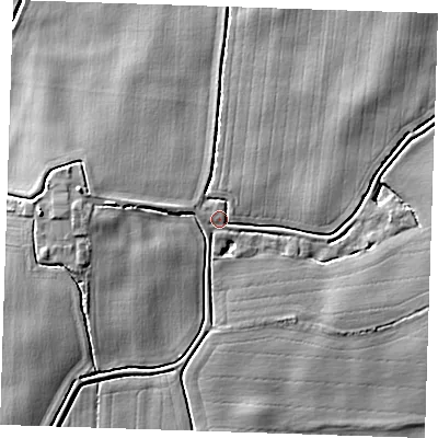 Shaded relief map of the ground around LN139QQ, computed from Environment Agency LiDAR. The ground here sits at about 4 m above sea level and falls 8 m across the surrounding 800 m. Surface water reaching this point runs off ground lying to the west-north-west, 2.2 m higher.