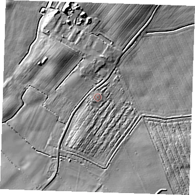 Shaded relief map of the ground around LN139QS, computed from Environment Agency LiDAR. The ground here sits at about 4 m above sea level and falls 10 m across the surrounding 800 m. Surface water reaching this point runs off ground lying to the south-west, 1.3 m higher.