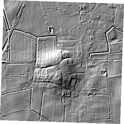 Shaded relief map of the ground around LN139RB, computed from Environment Agency LiDAR. The ground here sits at about 10 m above sea level and falls 11 m across the surrounding 800 m. Surface water reaching this point runs off ground lying to the west-south-west, 3.8 m higher.