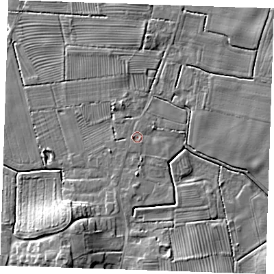 Shaded relief map of the ground around LN139RG, computed from Environment Agency LiDAR. The ground here sits at about 3 m above sea level and falls 11 m across the surrounding 800 m. Surface water reaching this point runs off ground lying to the west, 1.4 m higher.