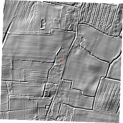 Shaded relief map of the ground around LN139RH, computed from Environment Agency LiDAR. The ground here sits at about 4 m above sea level and falls 5 m across the surrounding 800 m. Surface water reaching this point runs off ground lying to the north-west, 2.3 m higher.