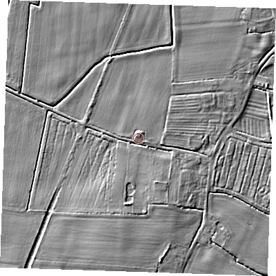 Shaded relief map of the ground around LN139RJ, computed from Environment Agency LiDAR. The ground here sits at about 4 m above sea level and falls 6 m across the surrounding 800 m. Surface water reaching this point runs off ground lying to the south-south-west, 2.5 m higher.