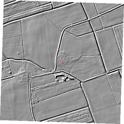 Shaded relief map of the ground around LN139RP, computed from Environment Agency LiDAR. The ground here sits at about 3 m above sea level and falls 4 m across the surrounding 800 m. Surface water reaching this point runs off ground lying to the north, 1.3 m higher.