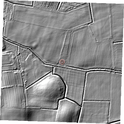 Shaded relief map of the ground around LN139RQ, computed from Environment Agency LiDAR. The ground here sits at about 3 m above sea level and falls 8 m across the surrounding 800 m. Surface water reaching this point runs off ground lying to the north, 1.8 m higher.