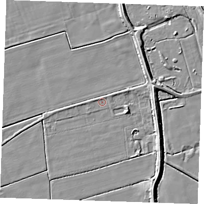 Shaded relief map of the ground around LN139RR, computed from Environment Agency LiDAR. The ground here sits at about 2 m above sea level and falls 9 m across the surrounding 800 m. Surface water reaching this point runs off ground lying to the east-north-east, 1.9 m higher.
