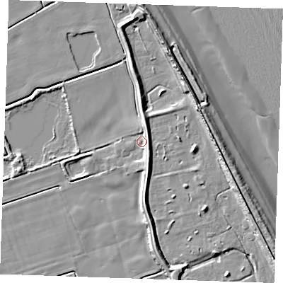 Shaded relief map of the ground around LN139RS, computed from Environment Agency LiDAR. The ground here sits at about 3 m above sea level and falls 12 m across the surrounding 800 m. Surface water reaching this point runs off ground lying to the south-south-east, 3.9 m higher.