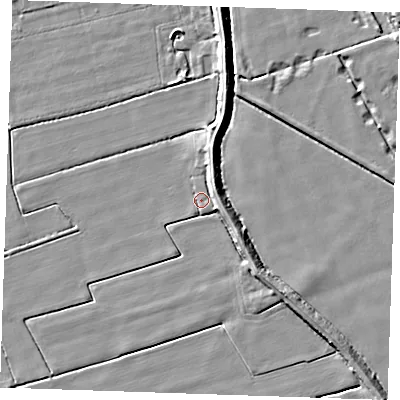 Shaded relief map of the ground around LN139RT, computed from Environment Agency LiDAR. The ground here sits at about 2 m above sea level and falls 5 m across the surrounding 800 m. Surface water reaching this point runs off ground lying to the north-east, 3.7 m higher.