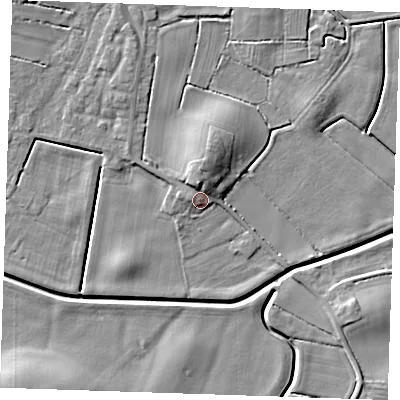 Shaded relief map of the ground around LN139SE, computed from Environment Agency LiDAR. The ground here sits at about 4 m above sea level and falls 7 m across the surrounding 800 m. Surface water reaching this point runs off ground lying to the north, 3.4 m higher.