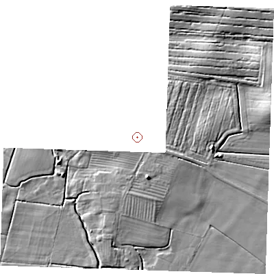 Shaded relief map of the ground around LN139SG, computed from Environment Agency LiDAR. and falls 6 m across the surrounding 800 m.