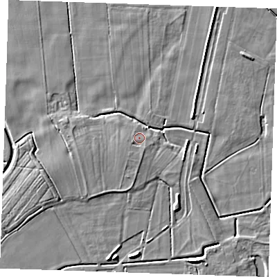 Shaded relief map of the ground around LN139SH, computed from Environment Agency LiDAR. The ground here sits at about 3 m above sea level and falls 7 m across the surrounding 800 m. Surface water reaching this point runs off ground lying to the south, 1.3 m higher.