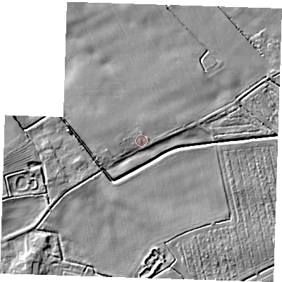 Shaded relief map of the ground around LN139TA, computed from Environment Agency LiDAR. The ground here sits at about 5 m above sea level and falls 6 m across the surrounding 800 m. Surface water reaching this point runs off ground lying to the west, 1.2 m higher.