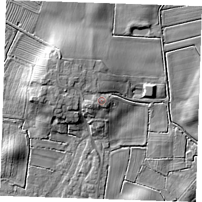 Shaded relief map of the ground around LN139TL, computed from Environment Agency LiDAR. The ground here sits at about 8 m above sea level and falls 10 m across the surrounding 800 m. Surface water reaching this point runs off ground lying to the north-west, 3.5 m higher.